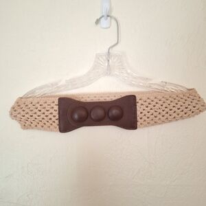 Crochet And Faux Leather Stretchy Boho Hippie Belt Neutral Creamy Beige Brown